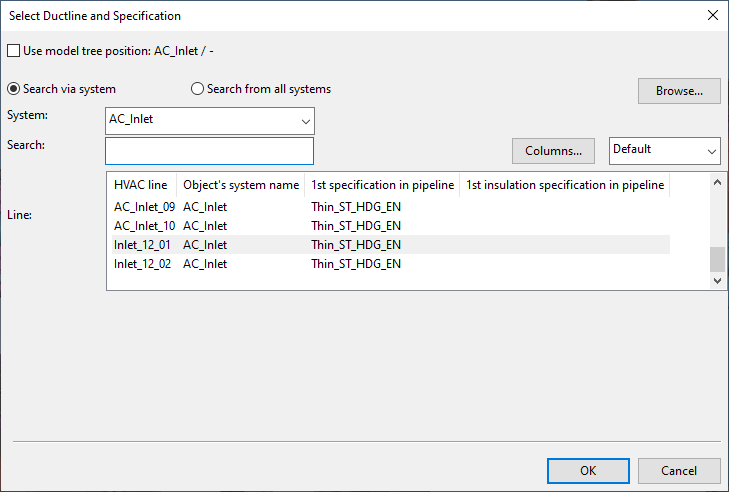 Select Ductline and Specification dialog