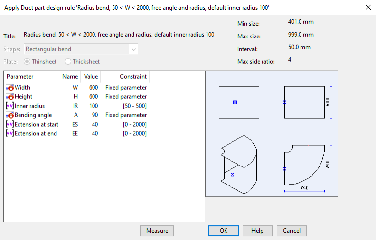 Apply Duct Part Design Rule dialog