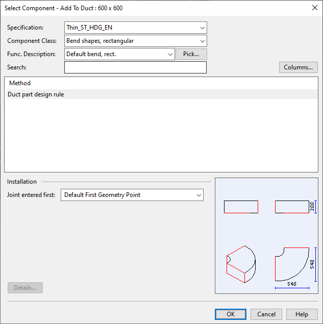 Select Component - Add To Duct dialog