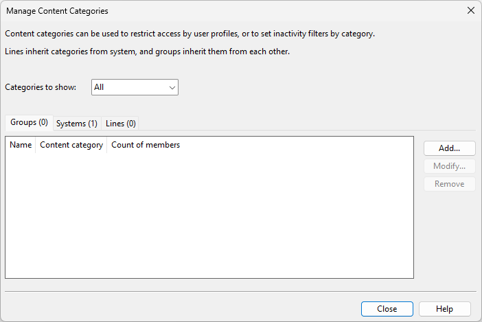 Manage Content Categories dialog