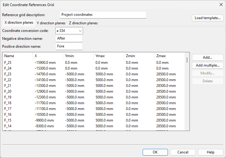 Modify Coordinate References Grid dialog