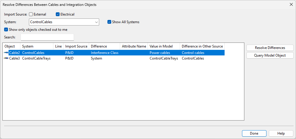 Resolve Differences Between Cables and Integration Objects dialog