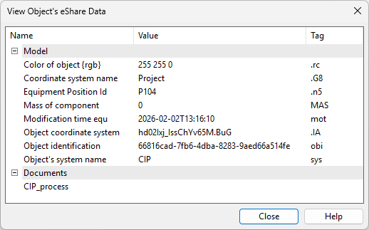 View Object's eShare Data dialog
