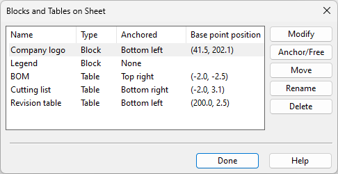 Blocks and Tables on Sheet dialog