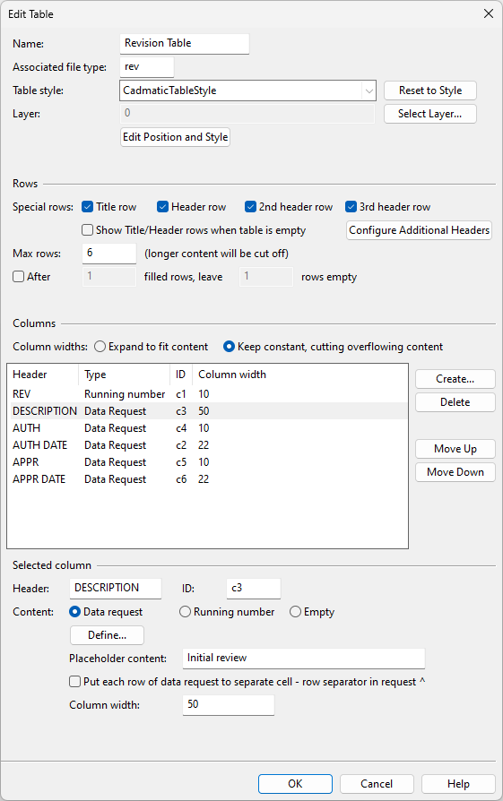 Edit Table dialog