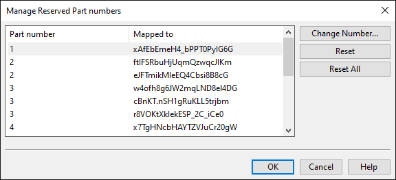 Manage Reserved Part numbers dialog