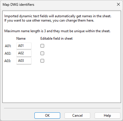 Map DWG identifiers dialog