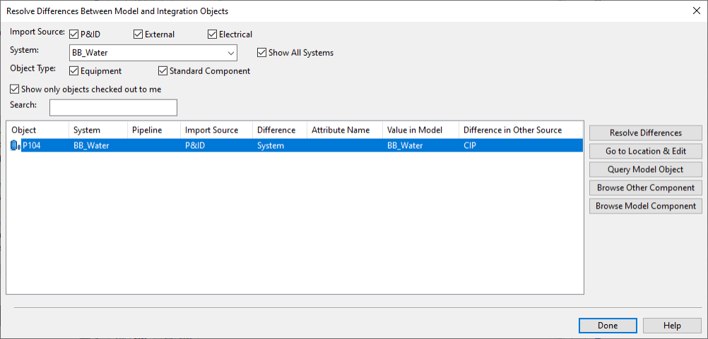 Resolve Differences Between Model and Integration Objects dialog