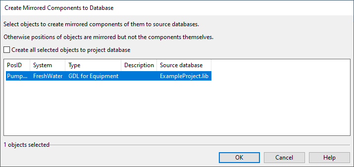 Create Mirrored Components to Database dialog