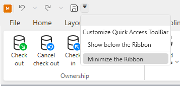 Accessing the Minimize the Ribbon command