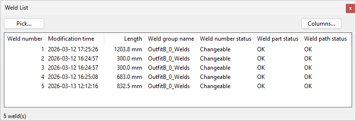 Weld List dialog