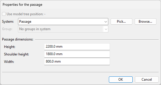 Properties for the passage dialog